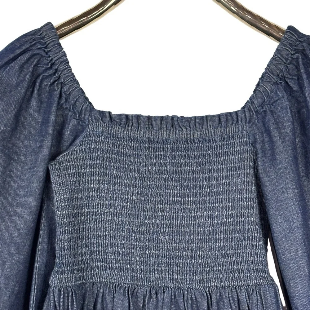 J. CREW BG118 COTTON CHAMBRAY DENIM BLUE SMOCKED PUFF SLEEVE MINI DRESS